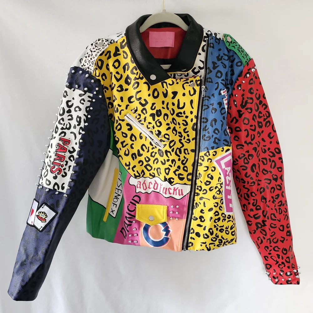 Azalea Wang Patchwork Moto Jacket Studded Graphic Leopard 1X - Picture 2 of 9